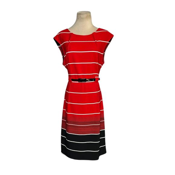 Ile New York red black white stripe cap sleeves belted dress size 14 - Picture 1 of 14